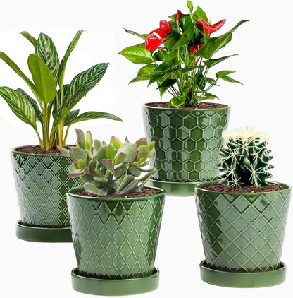 EFISPSS Flower Planter –5 inch Ceramic Plant Pots with Drainage Hole and Ceramic Tray - Gardening