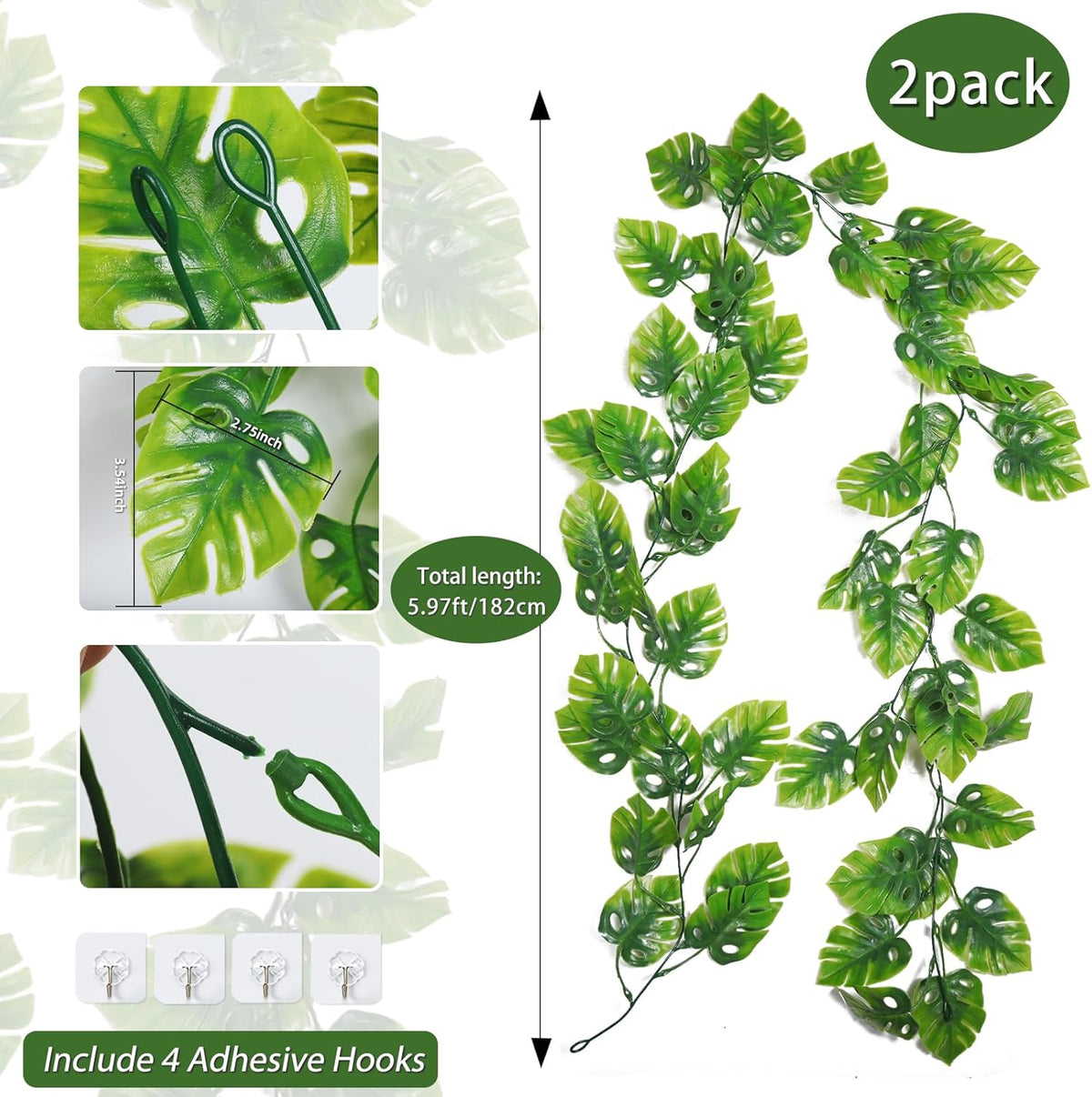 RECUTMS Artificial Monstera Leaves Vines 2Pcs 5.9Ft Fake Tropical Large Palm Leaf Greenery Garland