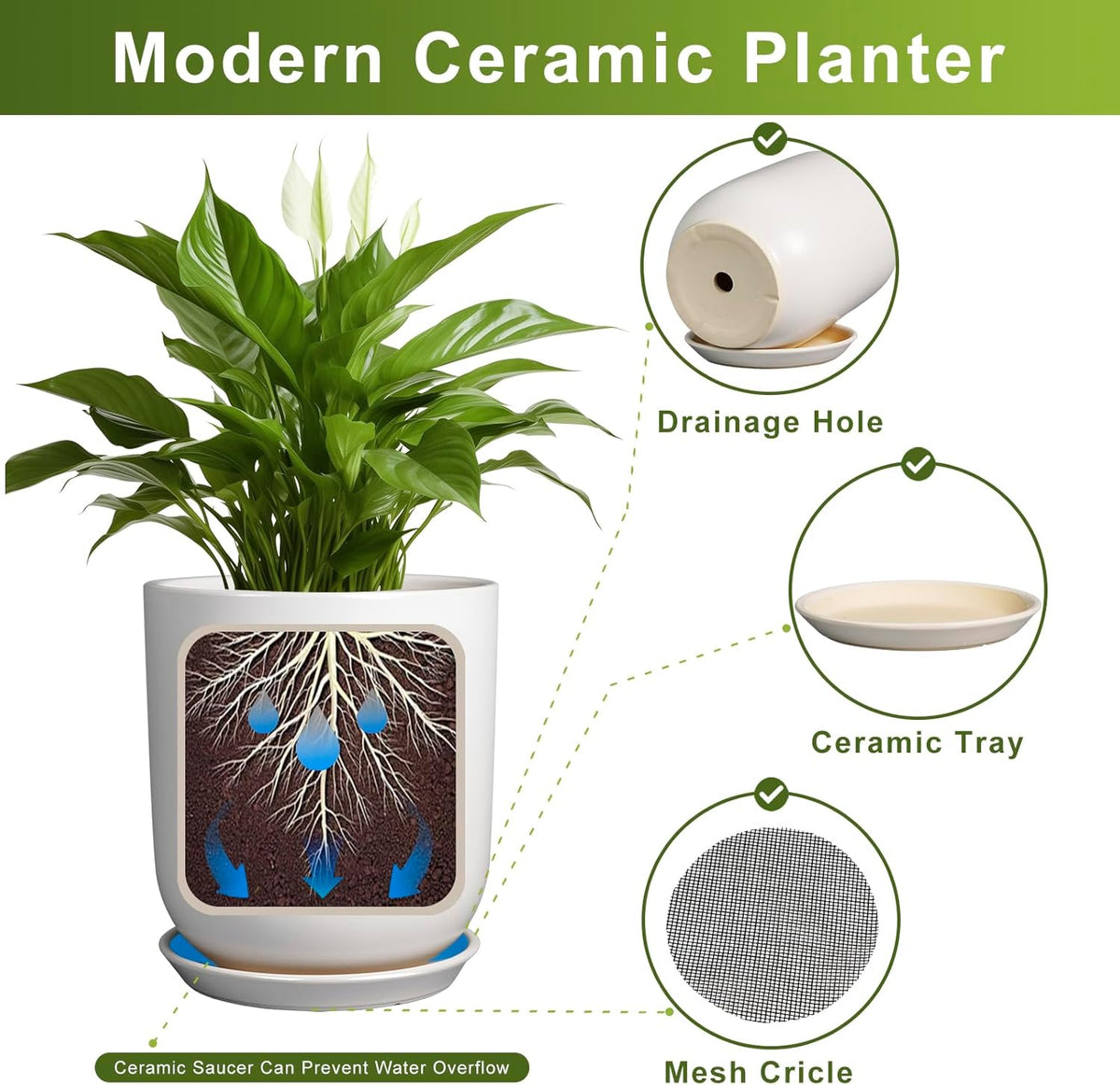 Pots for Plants - 10 Inch Ceramic Plant Pot with Drainage Hole and Saucer Large Planter for Plants