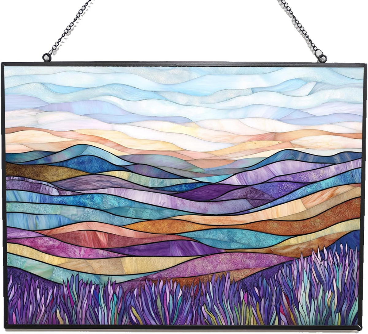 Personalized Rectangle Boho Lavender Hills Stained Glass Window Hangings Stained Glass Suncatcher