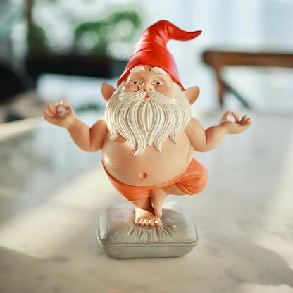 Zen Yoga Gnome Statue – Handcrafted Resin Meditation Gnome on Pillow, Tree Pose, Relaxed Expression