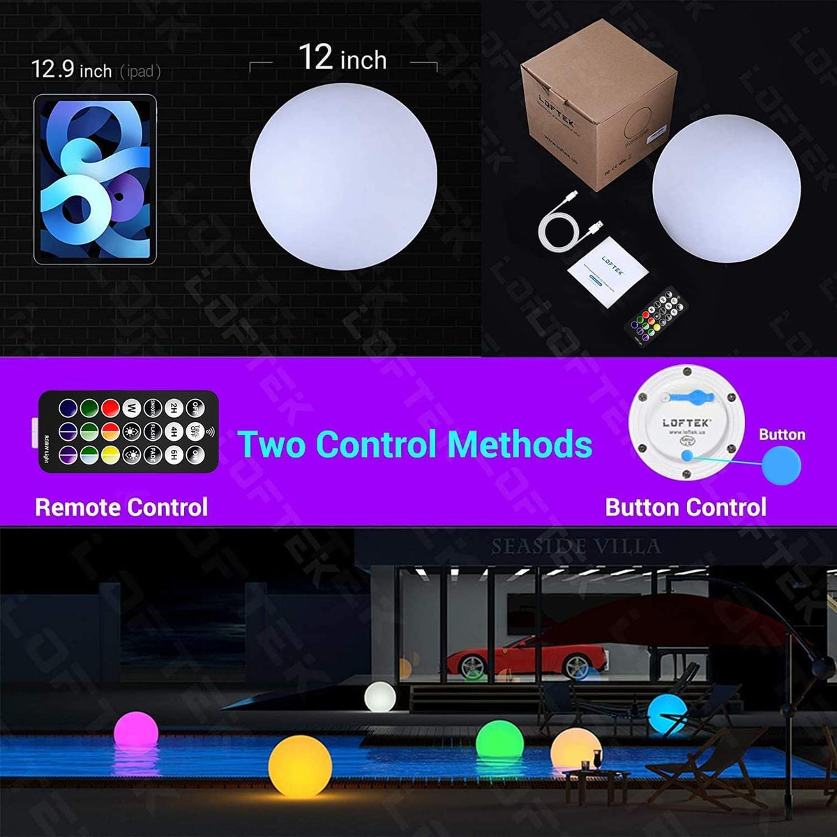 LOFTEK Pool LED Light Ball - 12-inch Sphere Lamp Rechargeable - 16 RGB Cool Lamp for Bedroom