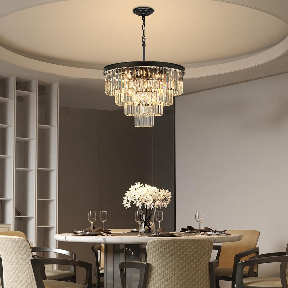 Crystal Chandeliers for Dining Room Lights Fixture Over Table, 15 Lights Black Modern Chandeliers