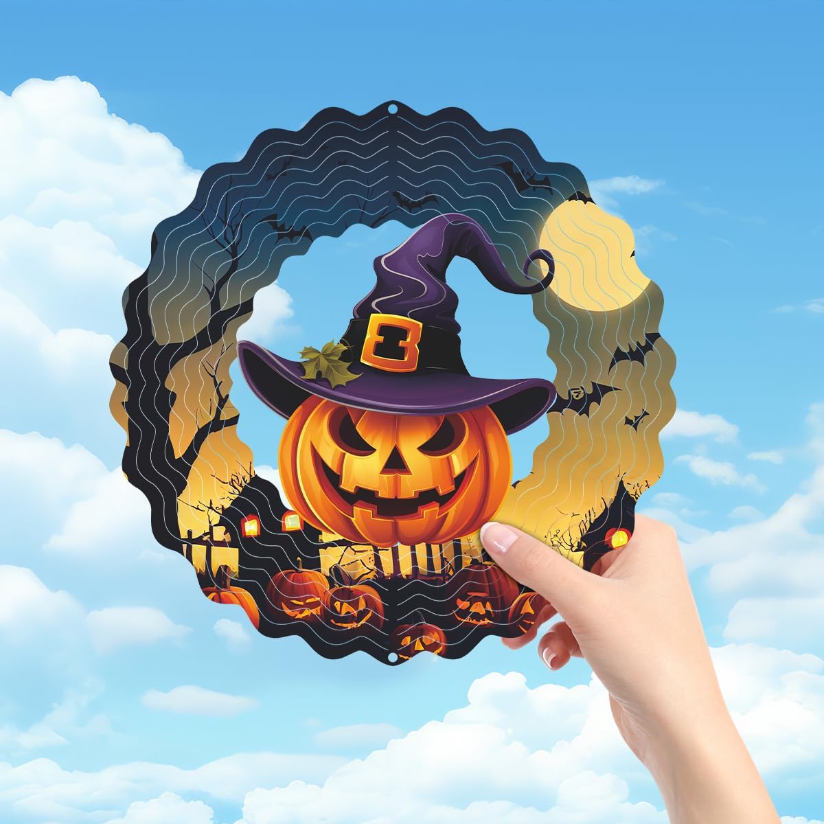 Hanging Halloween Metal Wind Spinner Witch's hat Wind Spinners 3D Hanging Skull Pumpkin Metal Wind