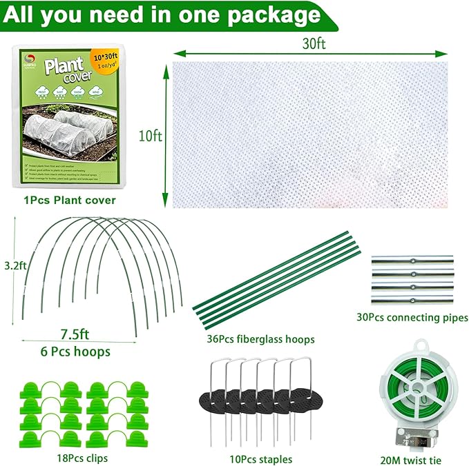 Plant Covers Freeze Protection Kit, 10 x 30Ft Frost Cloth and 6Pcs Fiberglass Garden Hoops 1oz/yd²