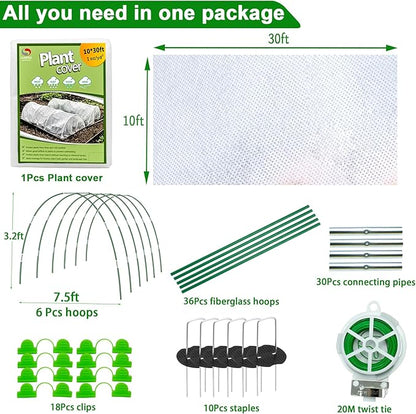 Plant Covers Freeze Protection Kit, 10 x 30Ft Frost Cloth and 6Pcs Fiberglass Garden Hoops 1oz/yd²