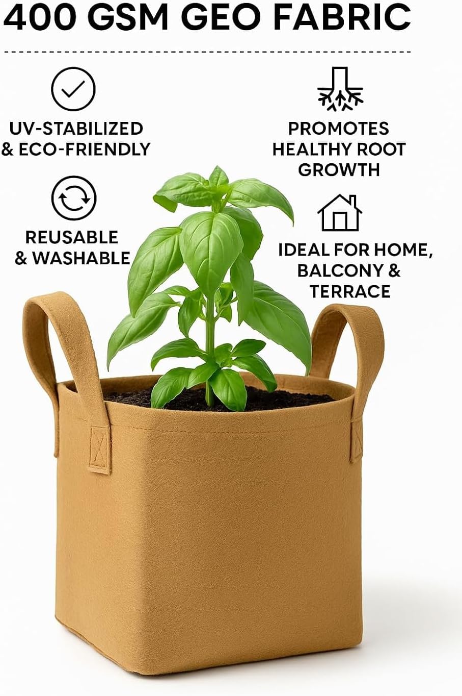 Square Geo Fabric Grow Bag 400 GSM Durable Breathable UV Resistant Reusable Plant Container for