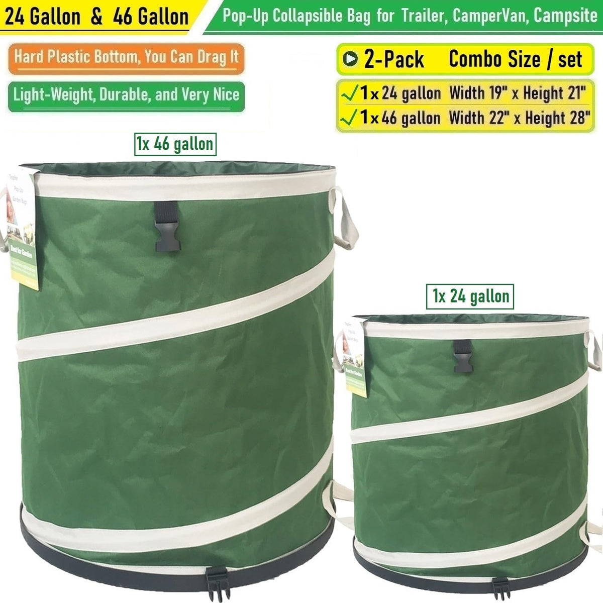 24 Gallon and 46 Gallon Collapsible Trash Can Solid Bottom for Yard Waste Bag,Garden Debris