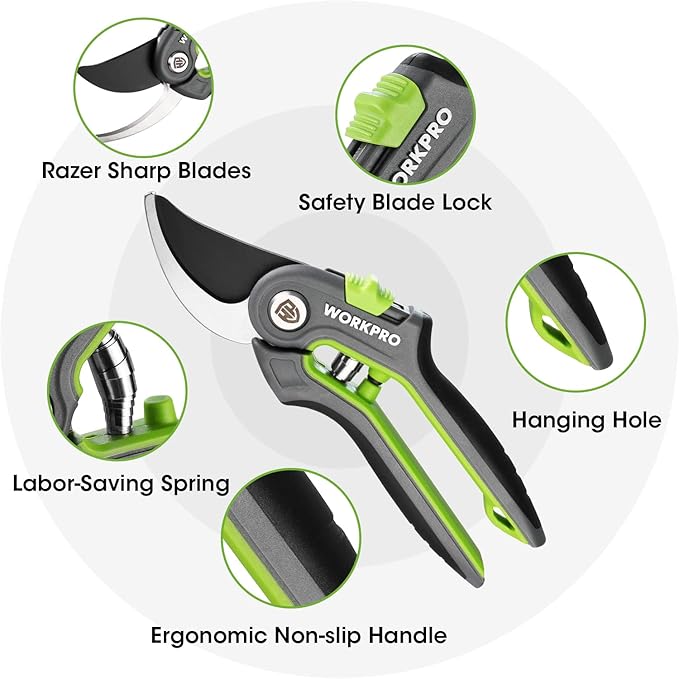 WORKPRO Garden Pruning Shears 2 Pack, 8" Bypass Pruning Shears and 6.25" Straight Garden Scissors