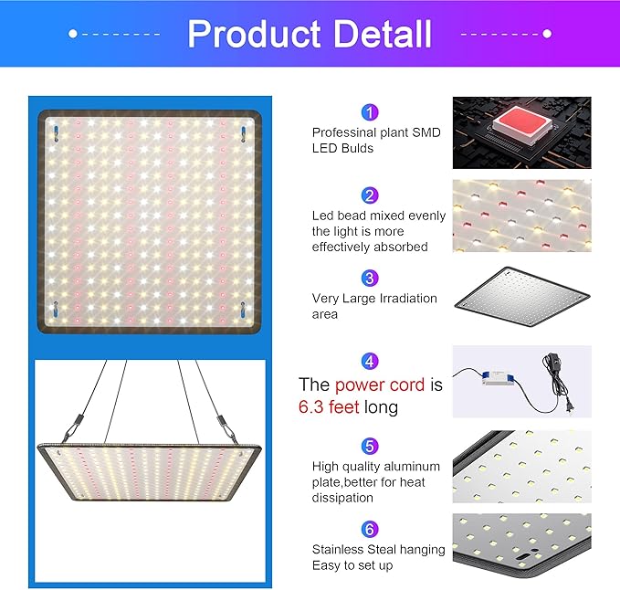 2 Pack LED Grow Light Panel 200W Lamp for Indoor Plants, Sun Like with White Blue Red UV IR LEDs