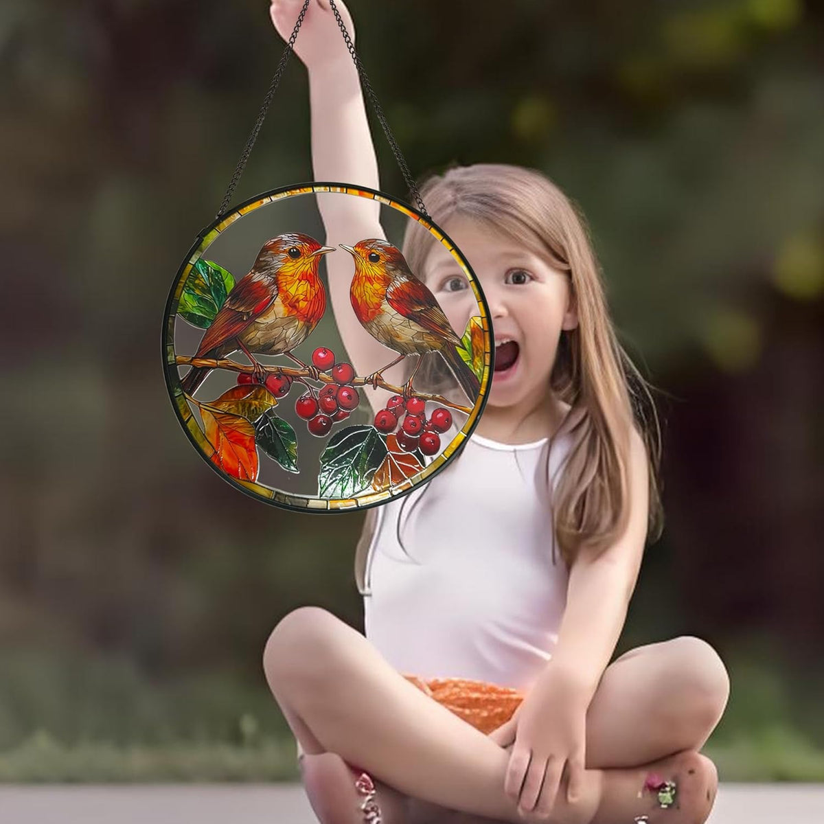 Robins Sun Catcher Stained Glass Window Hanging Suncatcher Indoor Window with Metal Chain, Birds