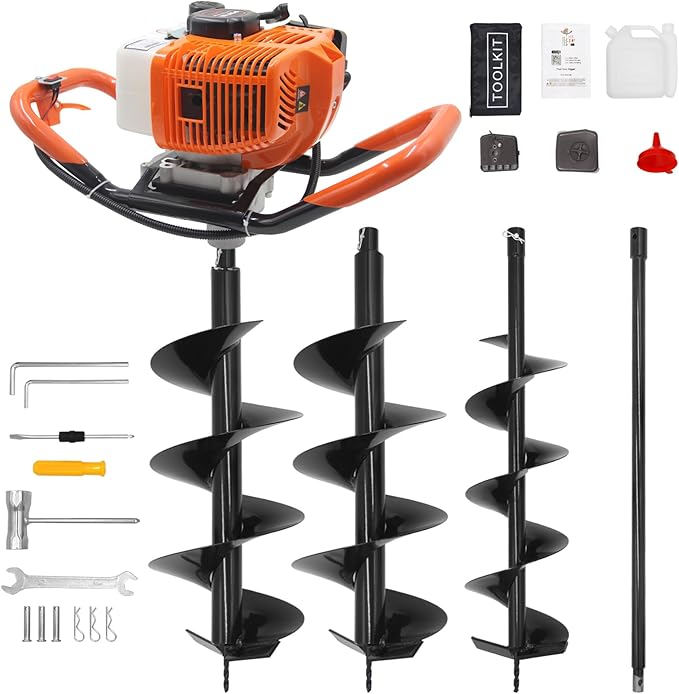 62CC Newly Upgraded Post Hole Digger Gas Powered, 2 Stroke Auger Post Hole Digger with 2 Drill Bits