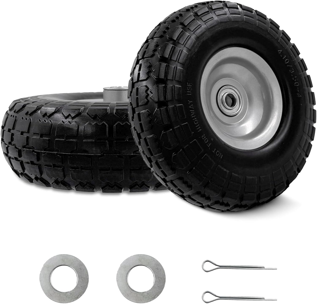 10-Inch 4.10/3.50-4 Tire and Wheel Flat Free, Heavy Duty Solid Replacement Tire with 5/8" Bearings