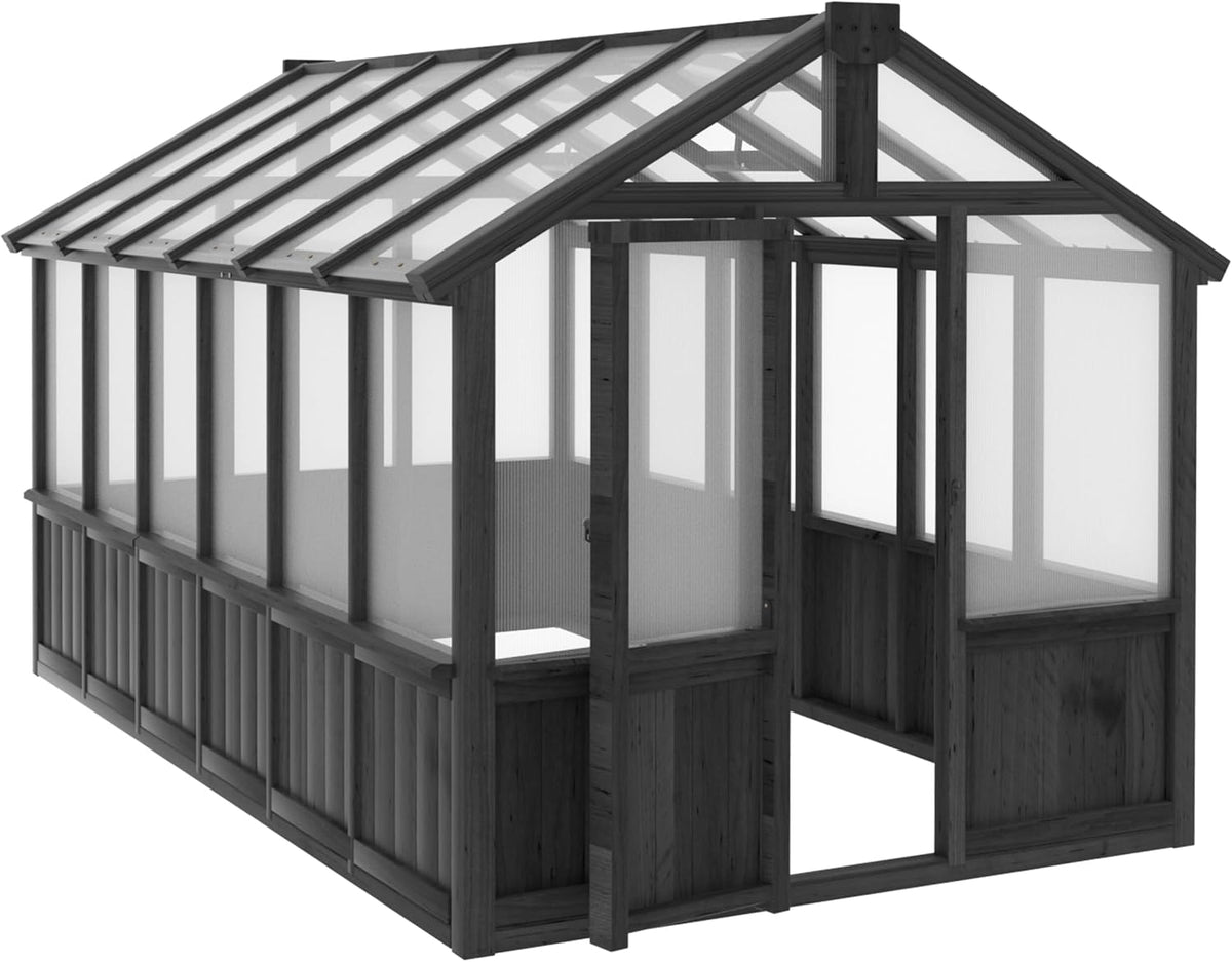 MUPATER 6' x 12' Walk-in Wooden Polycarbonate Greenhouse with Ventilated Window & Lockable Door