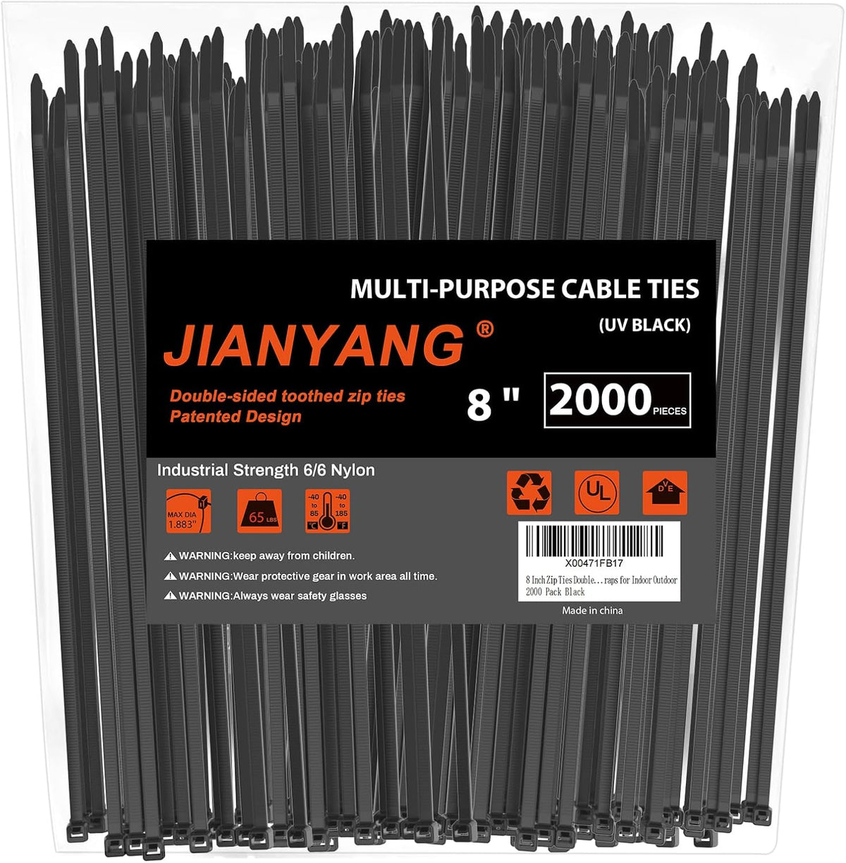 8 Inch Zip Ties Double Sided Toothed (Bulk 2X1000 Pack Black),65lbs Tensile Strength Heavy Duty