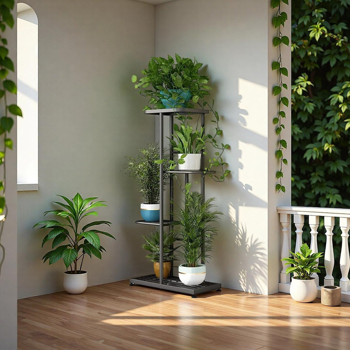 LINZINAR 4 Tier Plant Stand Indoor Outdoor Metal Flower Pot Display Shelf