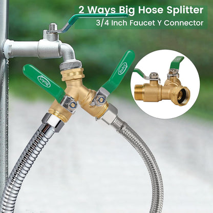 BoArt Brass Garden Hose Splitter 2 Way Heavy Duty, Y Valve Hose Splitter With Stainless Steel Long