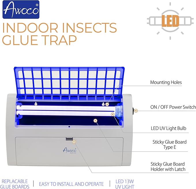 Awoco LED 13W 100V-240V Wall Mount Sticky Fly Trap Lamp for Capturing Flies, Mosquitoes, Moths and