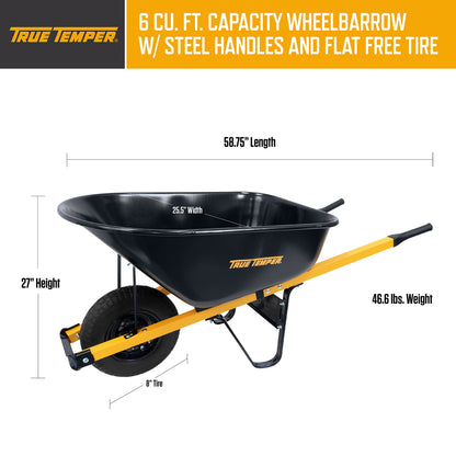 True Temper Steel Wheelbarrow with Never Flat Tire & Steel Handles, 6 Cu. Ft