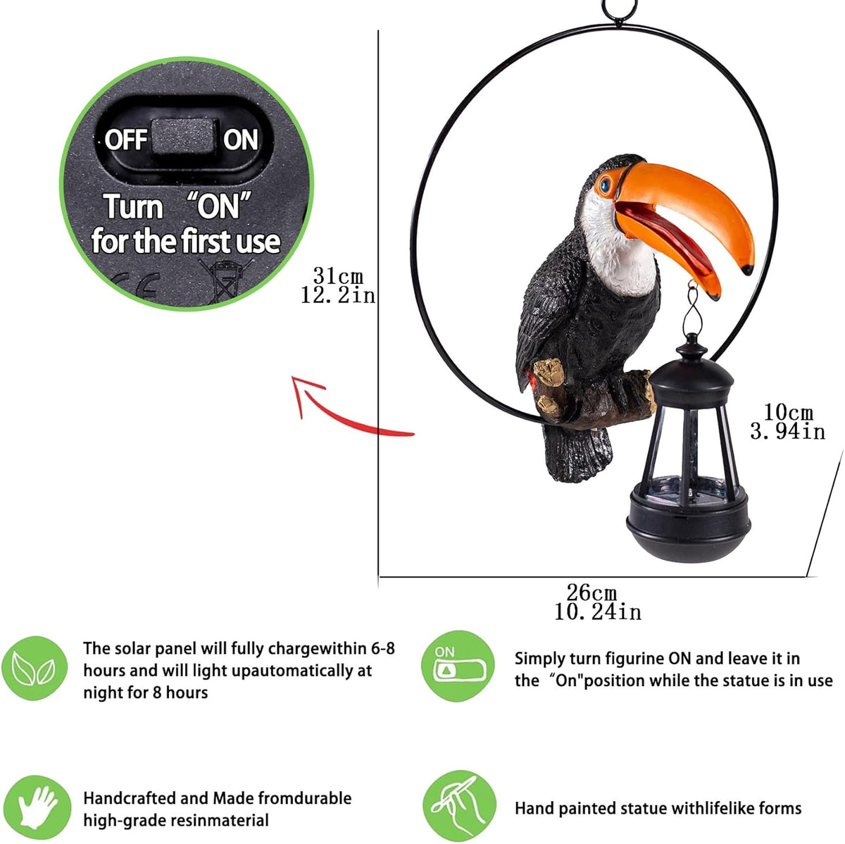 Solar Toucan Tree Hug Tree Decoration Hanging Garden Statue 12.5-inch Resin Tropical Animal Lawn