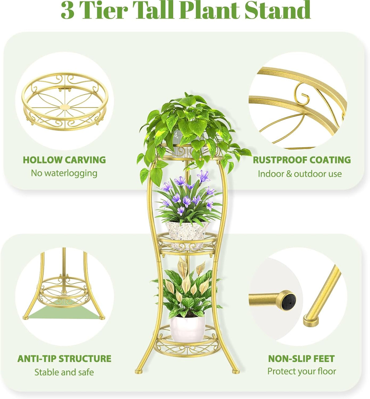 iDavosic.ly 3 Tier Tall Metal Plant Stand Indoor Outdoor, Wrought Iron Corner Flower Pot Holder