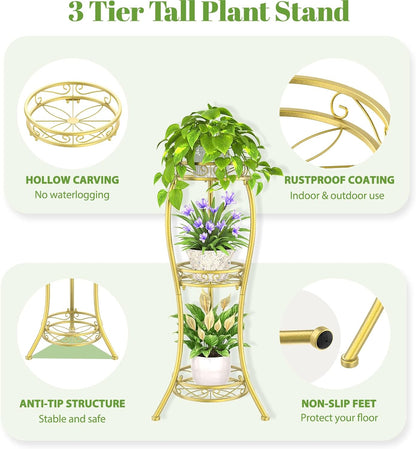iDavosic.ly 3 Tier Tall Metal Plant Stand Indoor Outdoor, Wrought Iron Corner Flower Pot Holder