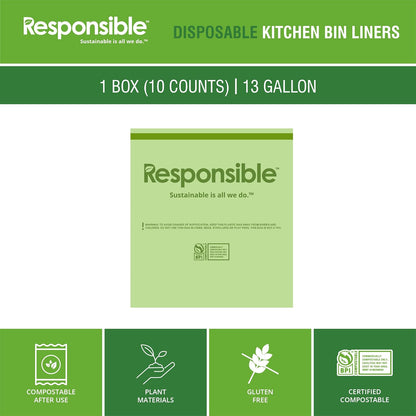 Responsible Products Kitchen Bin Liners, Certified Compostable, Heavy Duty Multipurpose Food Scrap