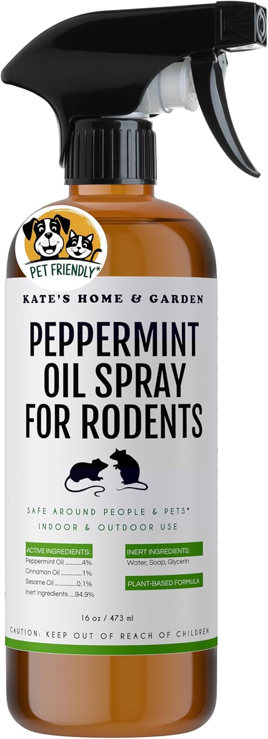 Kate Naturals Peppermint Oil Spray for Rodents, Squirrels, Mouse, Bat, Rat, Car Engines (16oz