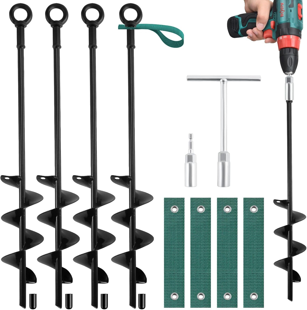 18-Inch Ground Anchors Screw in Heavy Duty, 4 Pack Shed Anchor Kit with Wrenches and Straps, High