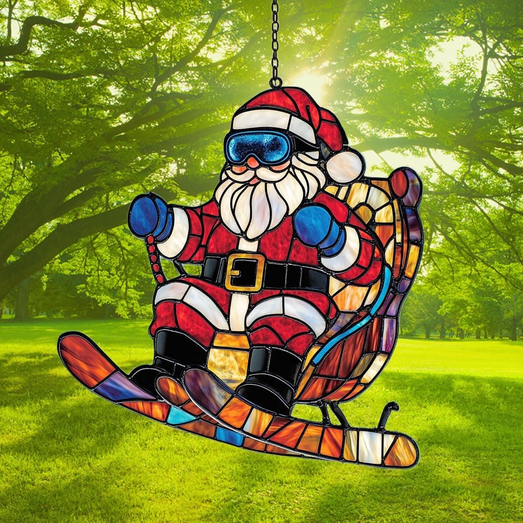 Funny Santa Claus Skiing Acrylic Suncatcher Stained Glass Effect Window Car Hanging Christmas