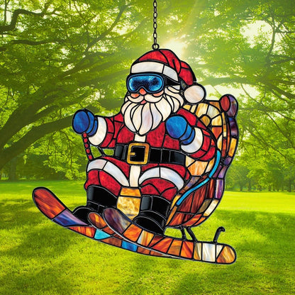 Funny Santa Claus Skiing Acrylic Suncatcher Stained Glass Effect Window Car Hanging Christmas