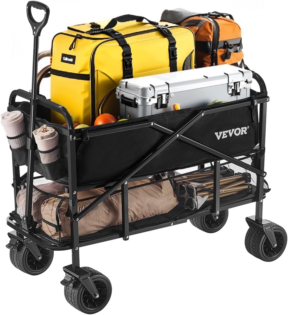 VEVOR 400L/450lbs Large Collapsible Double Decker Wagon, Foldable Heavy Duty Beach Wagon Cart with
