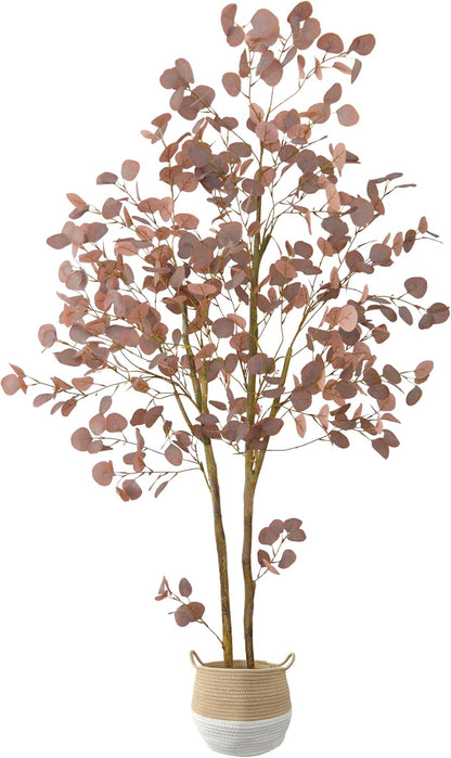 Artificial Eucalyptus Tree, 6ft Fake Eucalyptus Plant with Basket, Red Silver Dollars Silk Leaves