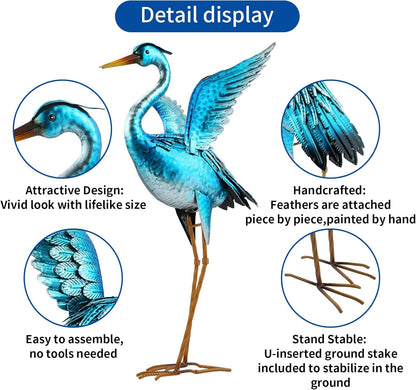 Garden Crane Statues for Outdoor Blue Heron Metal Birds Yard Art Ornaments for Backyard Pond Patio