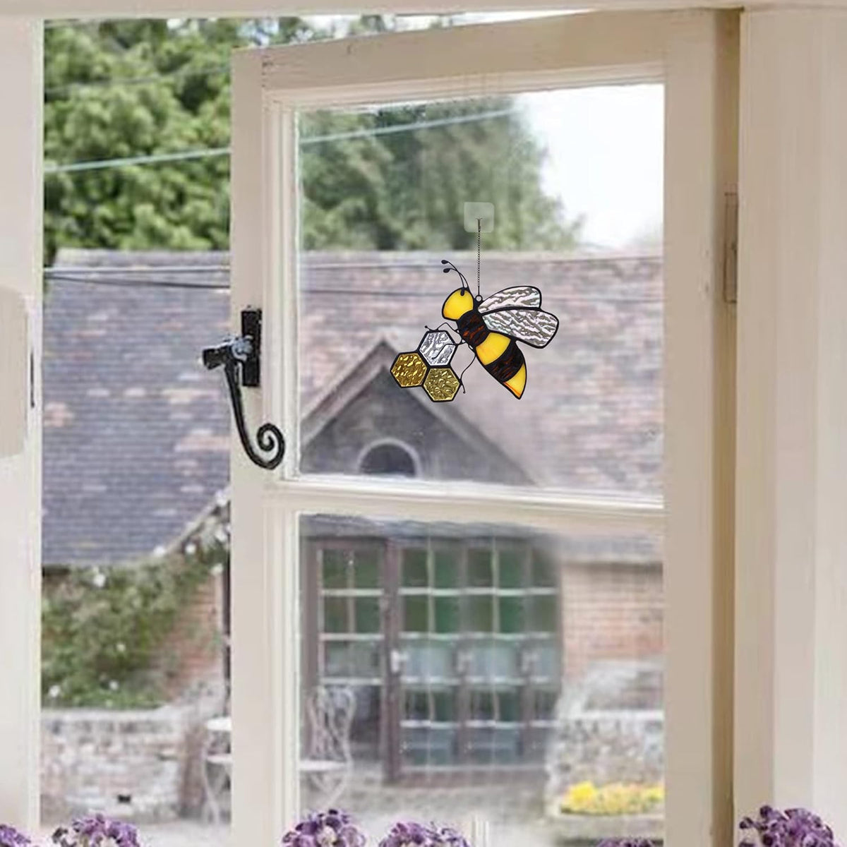 Bee On Honeycomb Stained Glass Window Hangings, Bee Suncatcher Garden Bee Decor Bee Gift for Mom