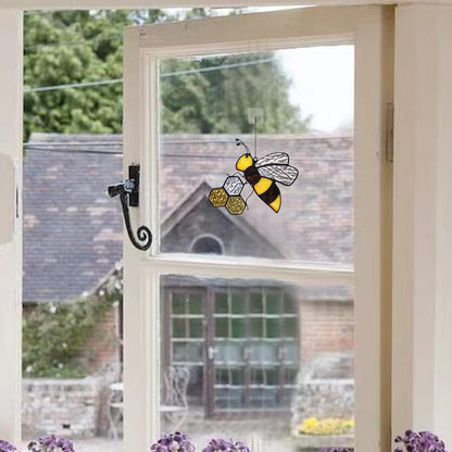 Bee On Honeycomb Stained Glass Window Hangings, Bee Suncatcher Garden Bee Decor Bee Gift for Mom