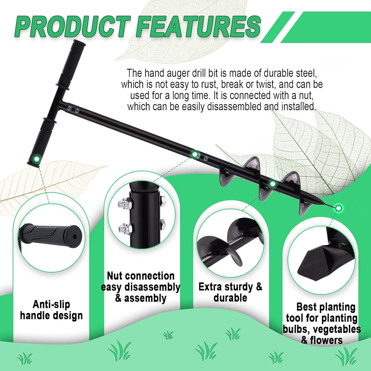 2 in 1 Hand Drill Auger Post Hole Digger – 44.5 inch Manual Garden Spiral Drill Planter for Bulb