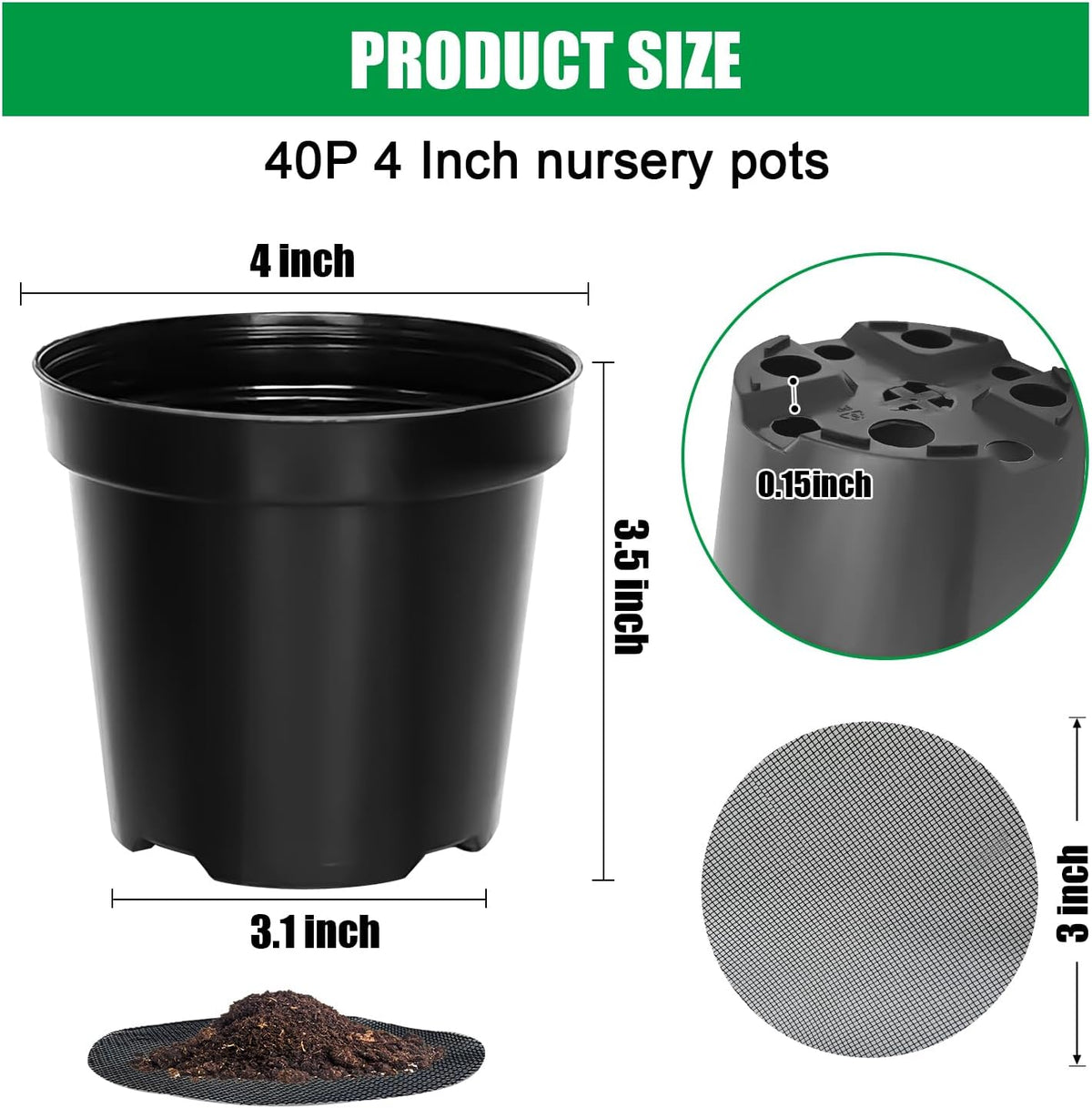 40 Pack 4 Inch Plant Nursery Pots with Mesh Pad, Sturdy Plastic Flower Planter Pots with Drainage