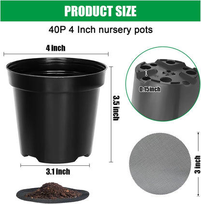 40 Pack 4 Inch Plant Nursery Pots with Mesh Pad, Sturdy Plastic Flower Planter Pots with Drainage