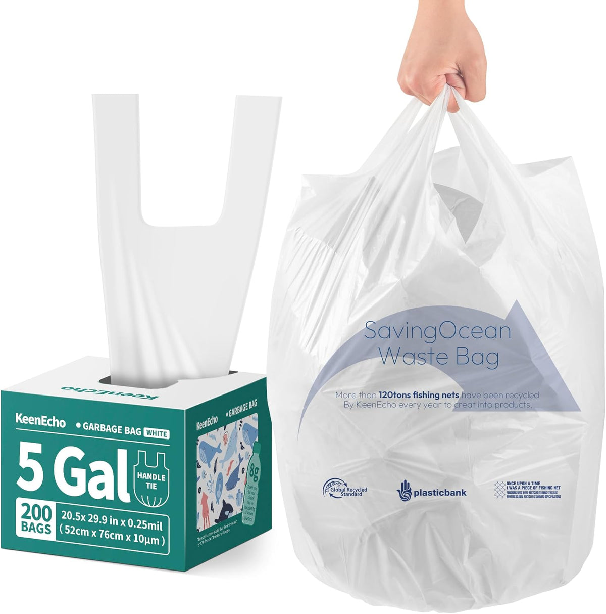 Small Trash Bags with Handles 5 Gallon 200 Count White - Ocean Plastic Upcycling - Plastic Garbage