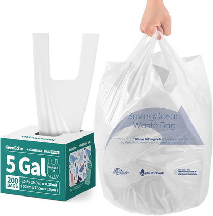 Small Trash Bags with Handles 5 Gallon 200 Count White - Ocean Plastic Upcycling - Plastic Garbage