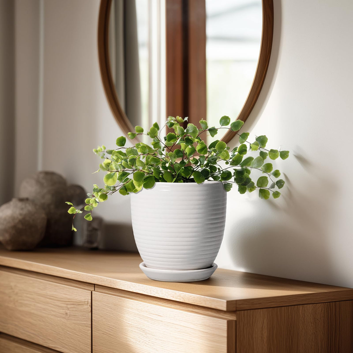EPFamily Ceramic Pots for Plants - 6 Inch Plant Pot with Drainage Hole and Saucer, Round Planters