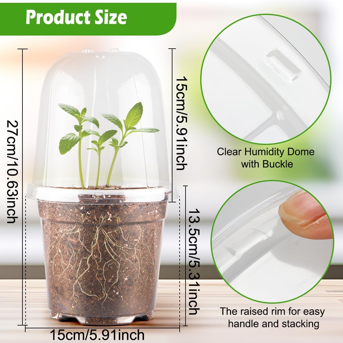 6 Inch Clear Nursery Pots with Humidity Dome, 15 Pack Durable Seed Starting Pot with Drainage