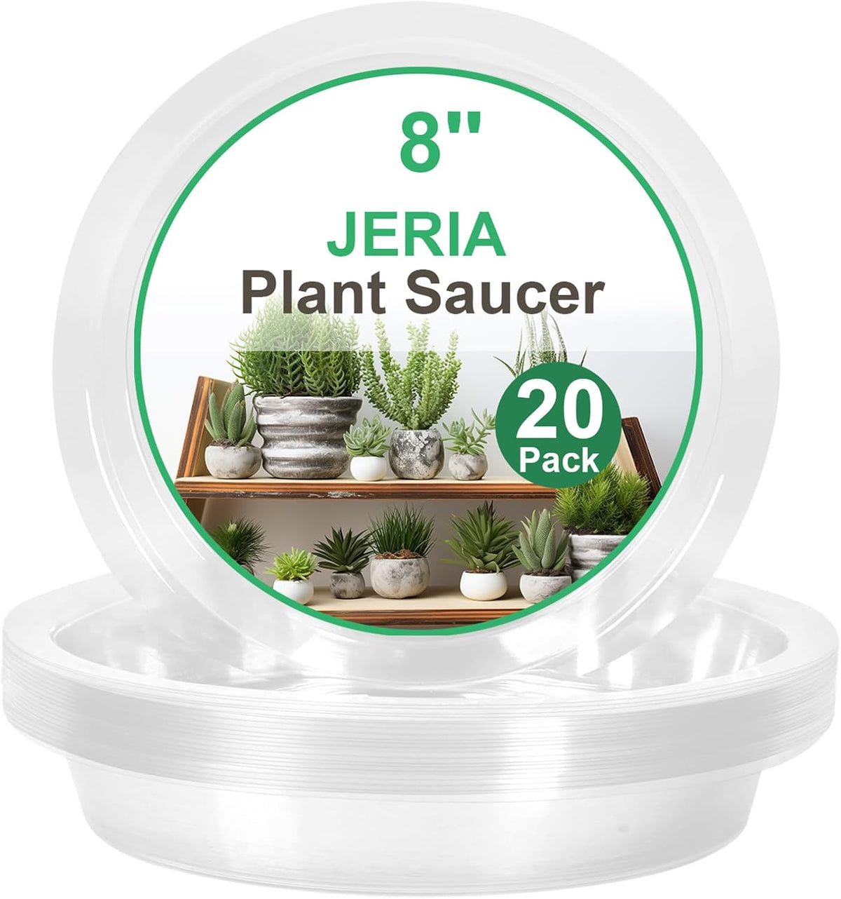 JERIA 8 Inch 20 Pack Clear Plant Saucers,Plastic Flower Pot Trays,Round Durable Plant Drip Trays