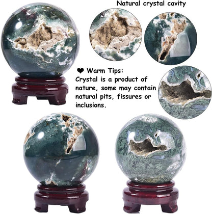 Large Moss Agate Crystal Sphere Natural Healing Crystal Ball with Stand Meditation Decorative Balls
