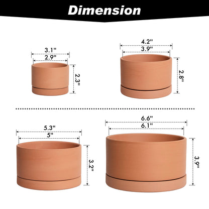 D'vine Dev Set of 4 Terracotta Shallow Planter Pots for Succulent, 3 Inch 4 Inch 5 Inch 6 Inch