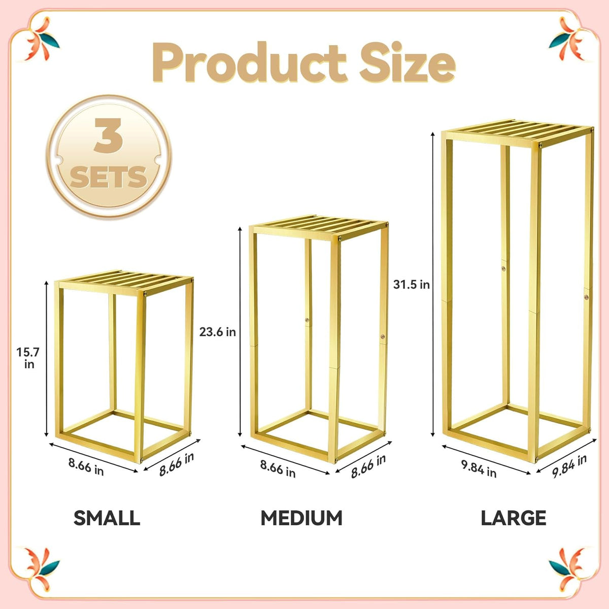 Cylinder Pedestal Stands for Party & Plant,3pcs Square Gold Metal Wedding Flower Display Stand for