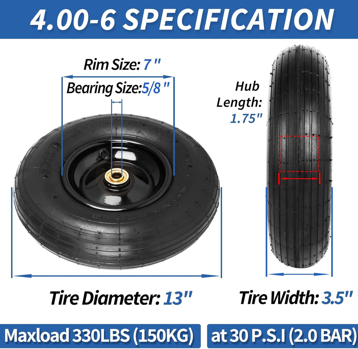4.00-6 Tire and Wheel, 13" Wheelbarrow Pneumatic Tire, 5/8" & 3/4" Bearings, 1.75-6" Centered