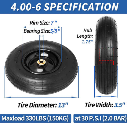 4.00-6 Tire and Wheel, 13" Wheelbarrow Pneumatic Tire, 5/8" & 3/4" Bearings, 1.75-6" Centered