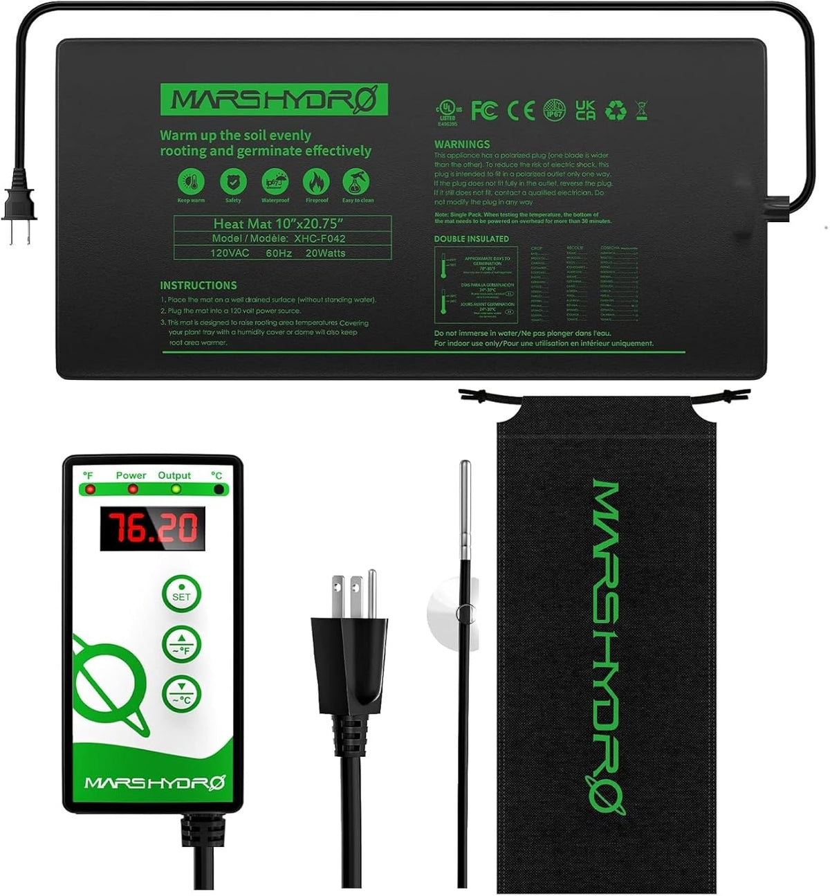 MARS HYDRO 10''x 20.75'' Seedling Heat Mat with Thermostat Combo Set，Heating Pad for for